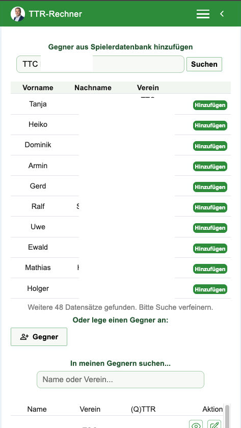 Beispiel Gegner suchen in der App